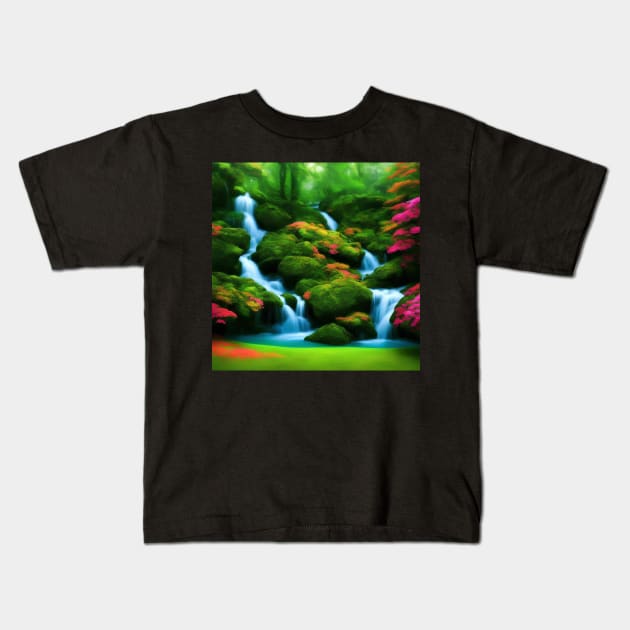 Ai Generated Art Scenery - Colourfull Mystical Forest With River Flowing Down A Lush Green Hill Kids T-Shirt by Double E Design
